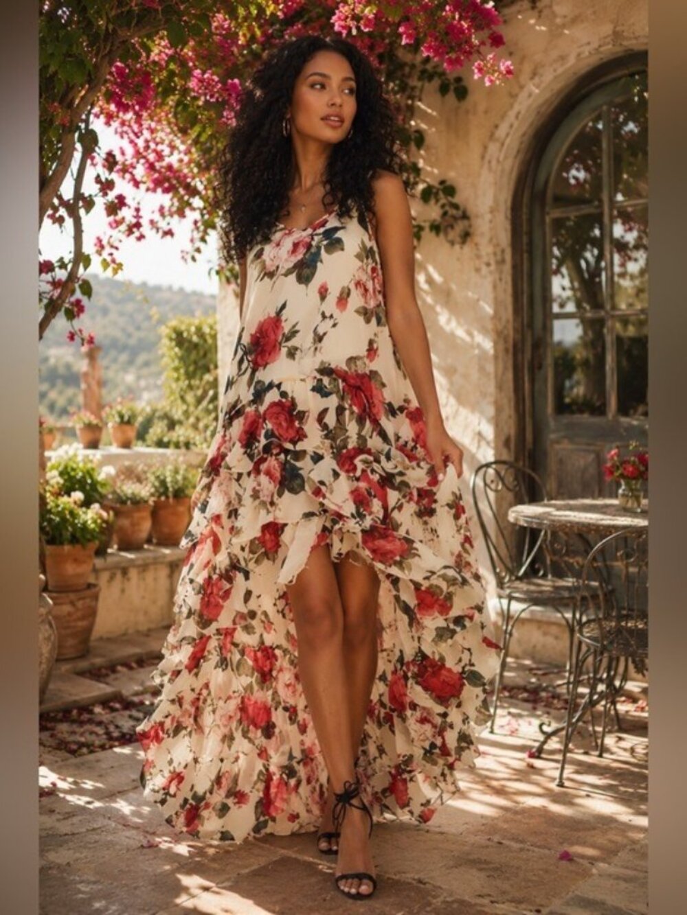 Cecico Floral Rose High Low Maxi Dress S Ruffle Tiered Romantic Boho Cottagecore